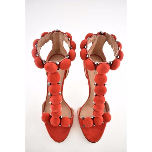 Alaia Bombe 110m Red Grenadine Suede Ankle T Strap Studded Sandal Heel Pump 36.5 - Picture 5 of 8